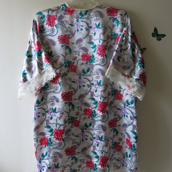 Vintage Delicates Women's Floral Lace Satin Robe With Belt One Size Fits All - Picture 8 of 12